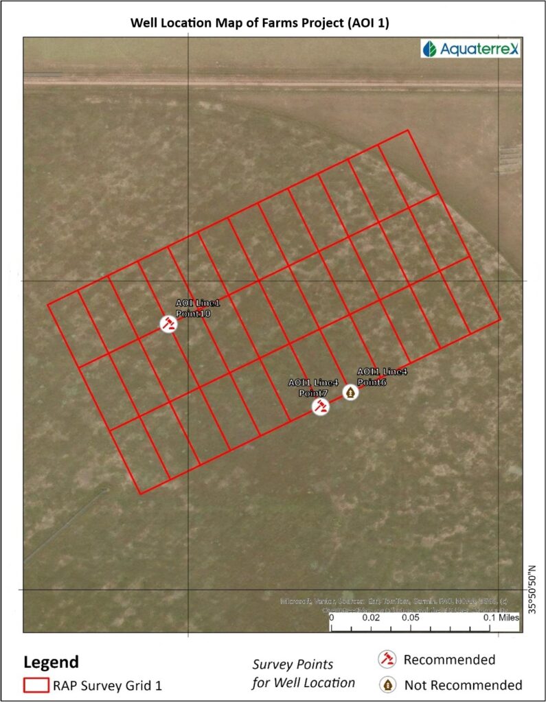 Survey points with recommended bore hole locations on AOI 1