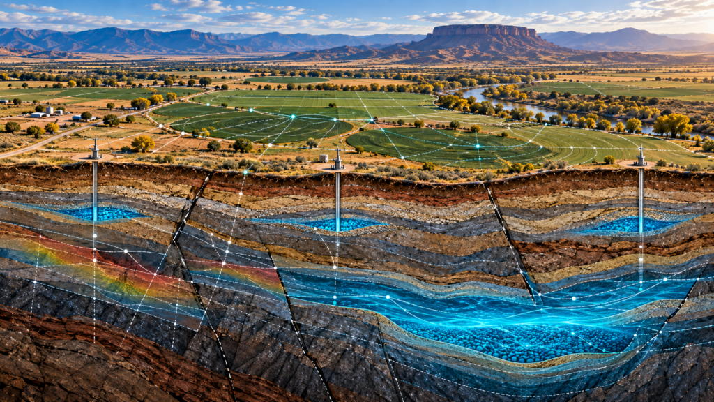 Multiple well data points combined with geological and geophysical analysis to map groundwater across a property