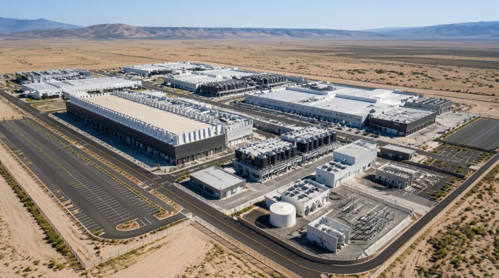 Large data center campus in an arid landscape illustrating electricity, water, and infrastructure demands